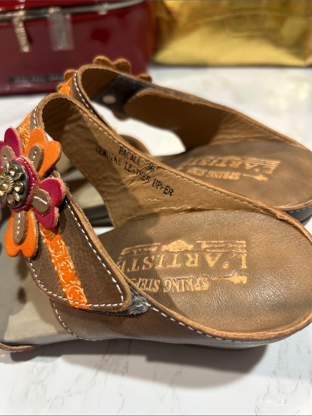 L' artiste Spring Step Brown Slide Sandals with Orange and Pink Floral Accents - Picture 3 of 10